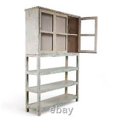 Vintage Solid Wood Light Cream Painted Glass Front Kitchen Housekeepers Cupboard