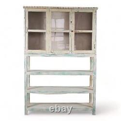 Vintage Solid Wood Light Cream Painted Glass Front Kitchen Housekeepers Cupboard