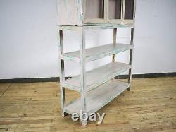Vintage Solid Wood Light Cream Painted Glass Front Kitchen Housekeepers Cupboard
