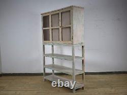 Vintage Solid Wood Light Cream Painted Glass Front Kitchen Housekeepers Cupboard