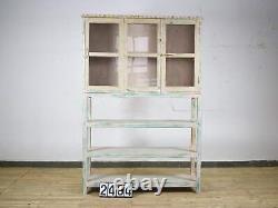 Vintage Solid Wood Light Cream Painted Glass Front Kitchen Housekeepers Cupboard