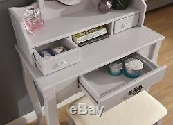 Vintage Style Grey Dressing Table Padded Stool Oval Mirror Drawers 3pc Set