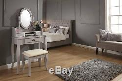 Vintage Style Grey Dressing Table Padded Stool Oval Mirror Drawers 3pc Set