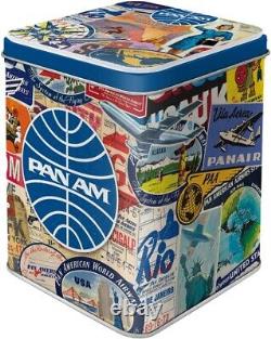 Vintage Style Retro Tea Caddy Square Hinge Lidded Storage Tin Pan Am Travel