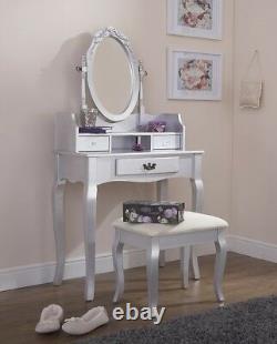 Vintage Style Silver Dressing Table Padded Stool Oval Mirror Drawers 3pc Set