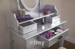 Vintage Style Silver Dressing Table Padded Stool Oval Mirror Drawers 3pc Set