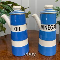 Vintage T G Green Blue White Cornishware Oil Vinegar Drizzle Bottles With Lids