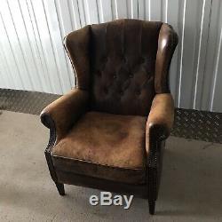 Vintage Tan Brown Leather Buttoned High Back Chesterfield Wing Chair