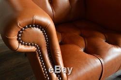 Vintage Tan Brown Leather Deep Buttoned High Back Chesterfield Wing Chair