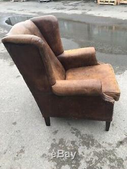 Vintage Tan Brown Leather High Back Wing Chair