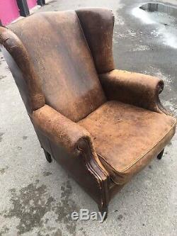 Vintage Tan Brown Leather High Back Wing Chair
