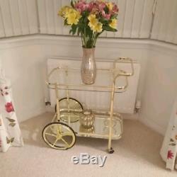 Vintage Tea Trolley Side Table Furniture Metal Gold Shelves Glass Drinks Storage