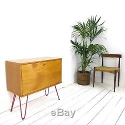 Vintage Teak Record/Drinks Cabinet Red Hairpin Legs Mid Century Wood Sideboard