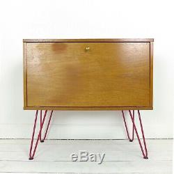 Vintage Teak Record/Drinks Cabinet Red Hairpin Legs Mid Century Wood Sideboard