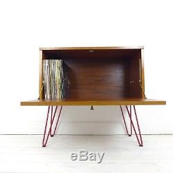 Vintage Teak Record/Drinks Cabinet Red Hairpin Legs Mid Century Wood Sideboard