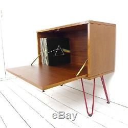 Vintage Teak Record/Drinks Cabinet Red Hairpin Legs Mid Century Wood Sideboard