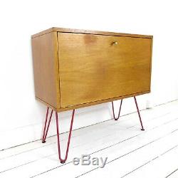 Vintage Teak Record/Drinks Cabinet Red Hairpin Legs Mid Century Wood Sideboard