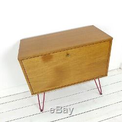 Vintage Teak Record/Drinks Cabinet Red Hairpin Legs Mid Century Wood Sideboard