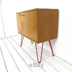 Vintage Teak Record/Drinks Cabinet Red Hairpin Legs Mid Century Wood Sideboard