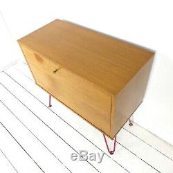 Vintage Teak Record/Drinks Cabinet Red Hairpin Legs Mid Century Wood Sideboard