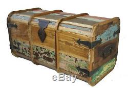 Vintage Teak Wood Distressed Painted Trunk Chest Coffee Table Ottoman Shabby Chi