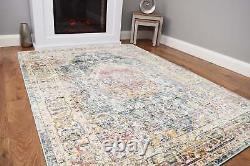 Vintage Traditional Rug Distressed Bohemian Medallion Faded Multi Coloured Mat