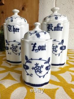 Vintage Trio Dutch Tea, Coffee Canisters Blue Onion Design Pottery, Ceramic