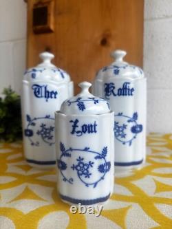 Vintage Trio Dutch Tea, Coffee Canisters Blue Onion Design Pottery, Ceramic