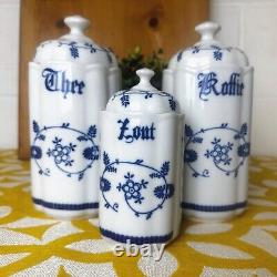 Vintage Trio Dutch Tea, Coffee Canisters Blue Onion Design Pottery, Ceramic