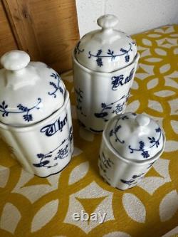 Vintage Trio Dutch Tea, Coffee Canisters Blue Onion Design Pottery, Ceramic