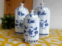 Vintage Trio Dutch Tea, Coffee Canisters Blue Onion Design Pottery, Ceramic