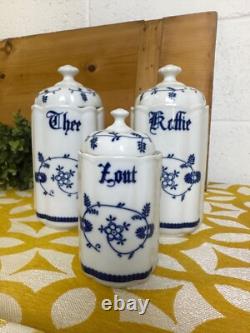 Vintage Trio Dutch Tea, Coffee Canisters Blue Onion Design Pottery, Ceramic