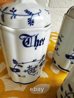 Vintage Trio Dutch Tea, Coffee Canisters Blue Onion Design Pottery, Ceramic