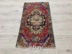 Vintage Turkish Wool Rug Handmade Red Accent Rug Bohemian Decor 1.6x2.8 Ft
