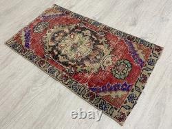 Vintage Turkish Wool Rug Handmade Red Accent Rug Bohemian Decor 1.6x2.8 Ft