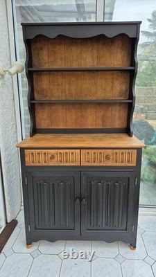 Vintage Welsh Dresser 1970s Solid Wood Two Tone Farmhouse Kitchen Cabinet