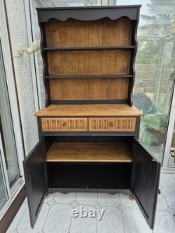 Vintage Welsh Dresser 1970s Solid Wood Two Tone Farmhouse Kitchen Cabinet