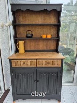 Vintage Welsh Dresser 1970s Solid Wood Two Tone Farmhouse Kitchen Cabinet