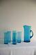 Vintage Whitefriars Blue Glass Water Jug Pitcher & 5 Drinking Glasses Tumblers