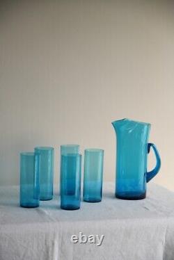 Vintage Whitefriars Blue Glass Water Jug Pitcher & 5 Drinking Glasses Tumblers