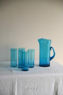 Vintage Whitefriars Blue Glass Water Jug Pitcher & 5 Drinking Glasses Tumblers