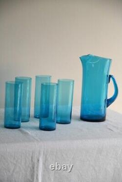 Vintage Whitefriars Blue Glass Water Jug Pitcher & 5 Drinking Glasses Tumblers