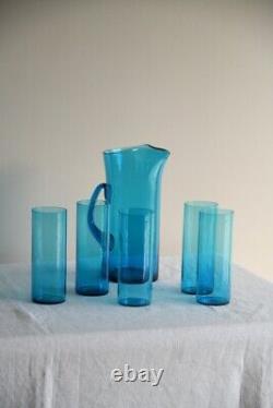 Vintage Whitefriars Blue Glass Water Jug Pitcher & 5 Drinking Glasses Tumblers
