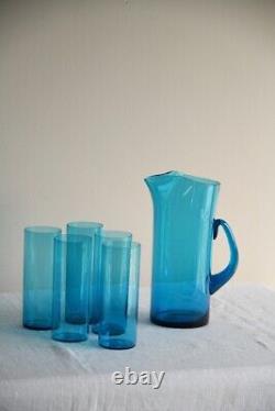 Vintage Whitefriars Blue Glass Water Jug Pitcher & 5 Drinking Glasses Tumblers