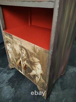 Vintage oak cabinet cupboard side table painted decoupaged