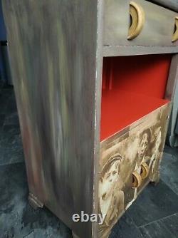 Vintage oak cabinet cupboard side table painted decoupaged