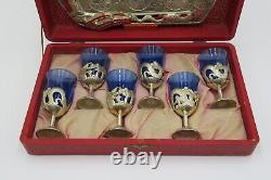 Vintage oriental saki set with a tray, cobalt blue shots in silver cups