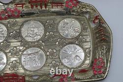 Vintage oriental saki set with a tray, cobalt blue shots in silver cups