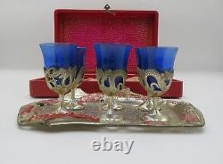 Vintage oriental saki set with a tray, cobalt blue shots in silver cups