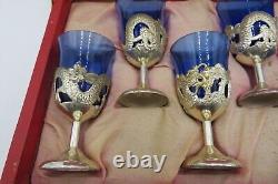Vintage oriental saki set with a tray, cobalt blue shots in silver cups